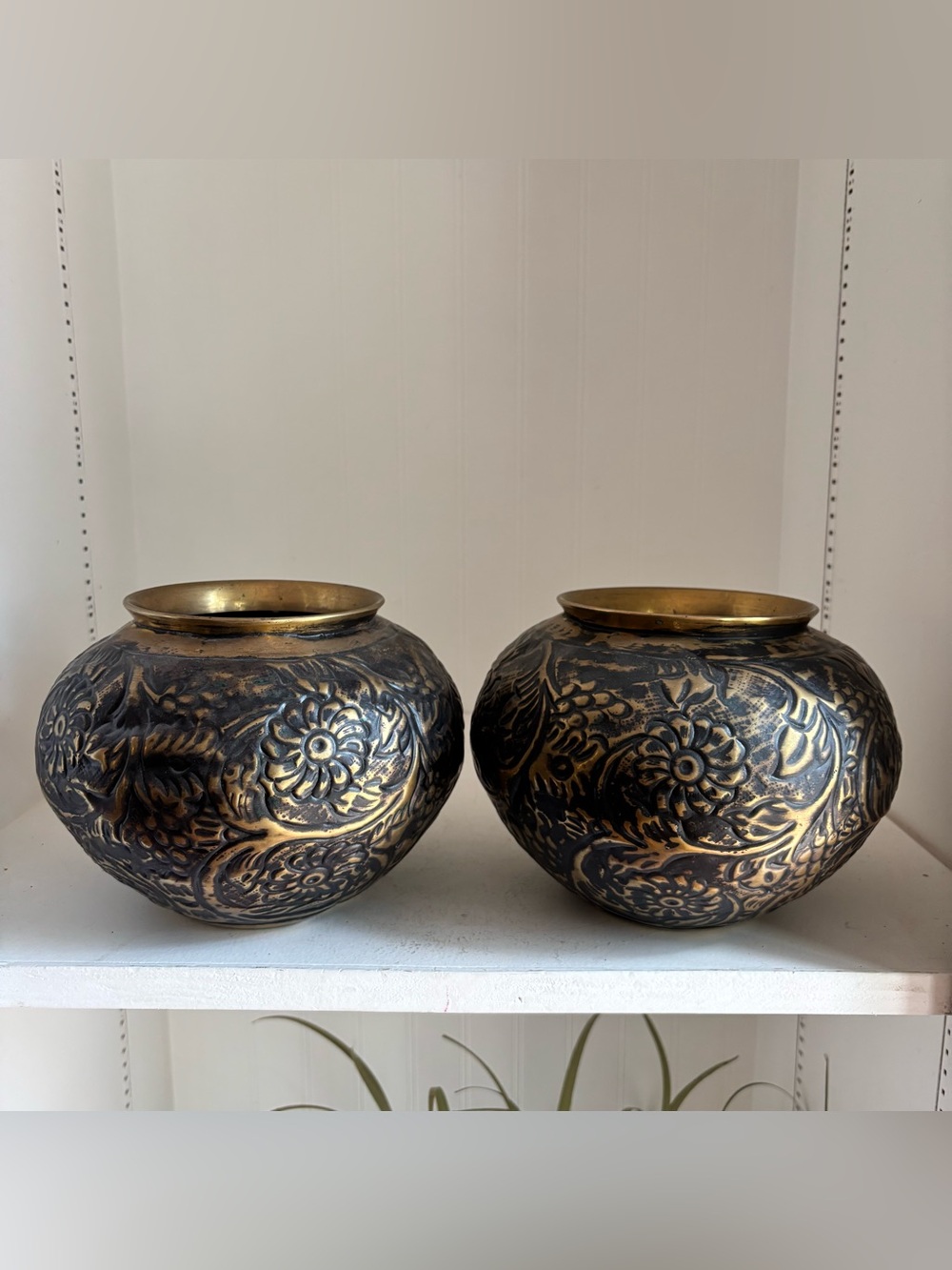 Vintage Pair Brass on Copper Floral Embossed Black Gold Vases - Pair